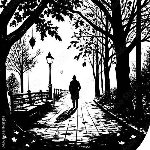 Solitary figure walking autumn park path