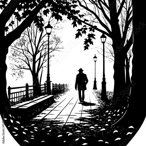 Silhouette of man walking in autumn park