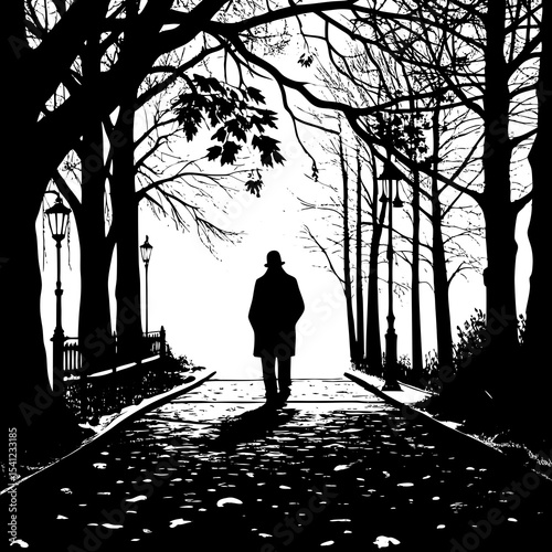 Silhouette of man walking down a cobblestone path