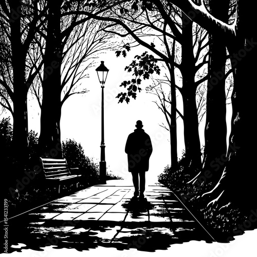 Solitary figure walking park path silhouette