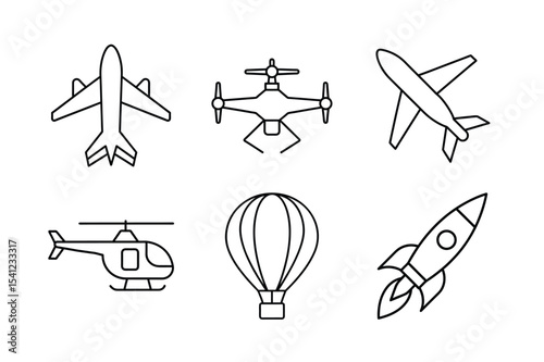 Air Transport and Flying Vehicle Line Icon Set