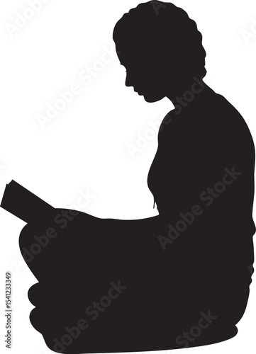 silhouette of a young lady sitting cross-legged reading a book, isolated plain white background