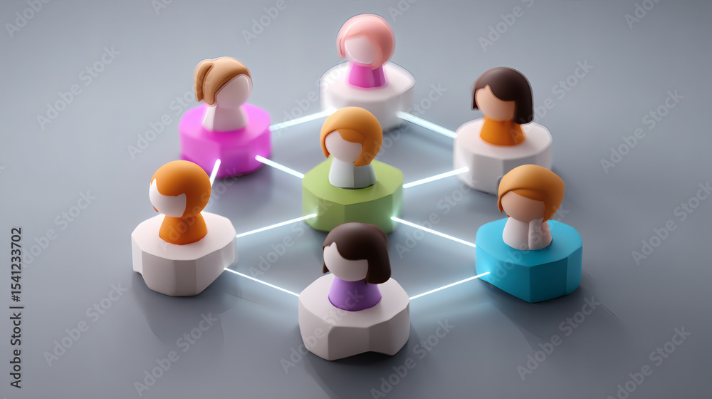 Obraz premium Wooden figurines connected by lines represent a network or social connections among people in a collaborative or community setting.