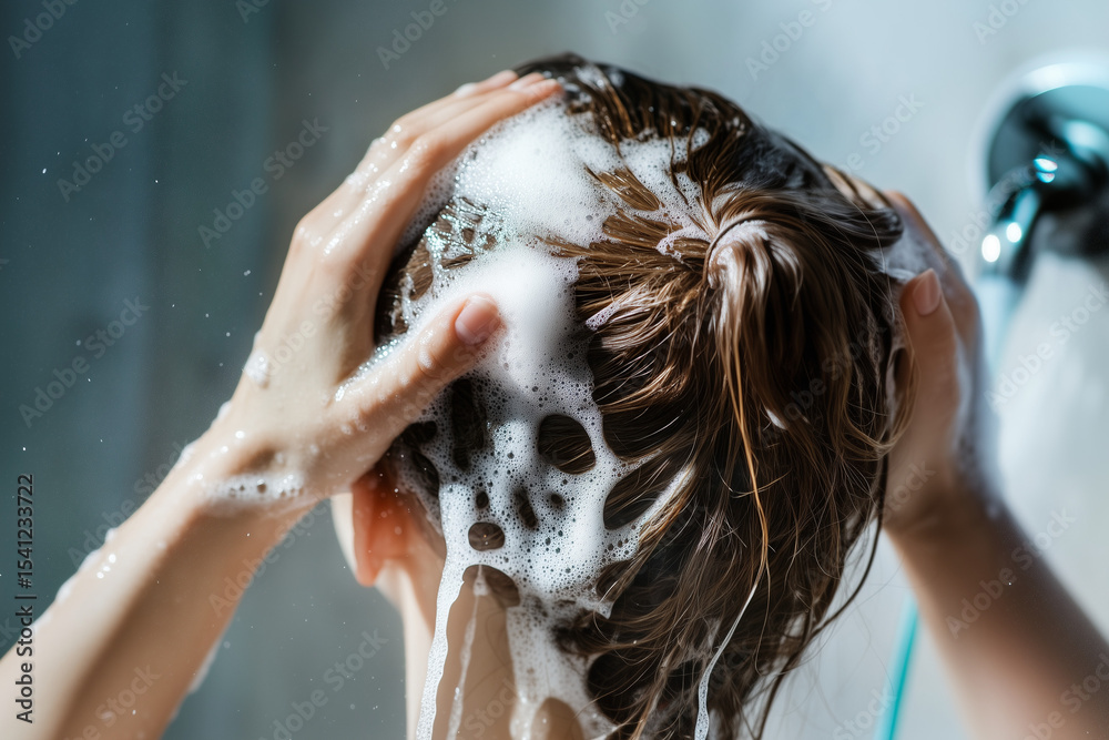 Naklejka premium Girl washing hair with shampoo close up background..