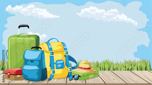 Illustration of luggage, backpacks, hat, and sunglasses arranged on a wooden surface with a sky backdrop