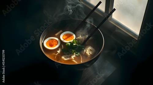 Ethereal spiritual vibe, high contrast low-key lighting, warm bowl of pho with soft-boiled eggs and chopsticks, deep shadows, dramatic lighting, light aura, mystical feeling