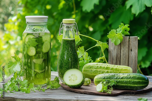 Cucumber juice drink on rustic table with brine background...