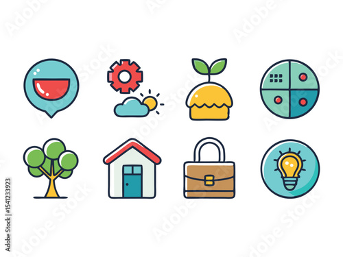 Collection of eight colorful line icons isolated on white background
