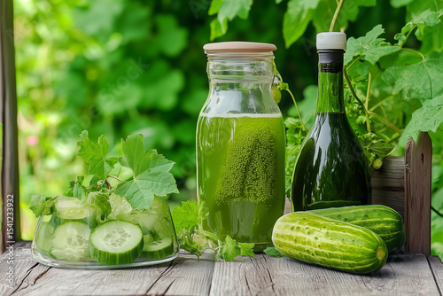 Cucumber juice drink on rustic table with brine background...