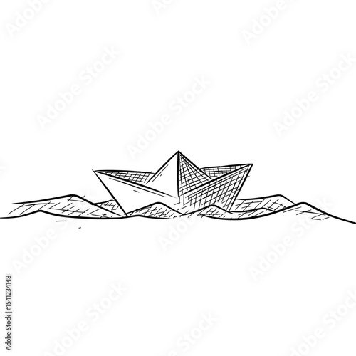 paper boat on water vector sketch line art hand drawn illustration 