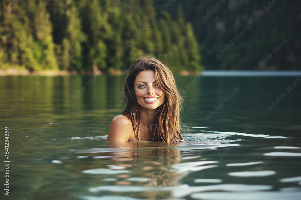 Fototapeta premium Beautiful girl swimming in crystal clear lake water background..