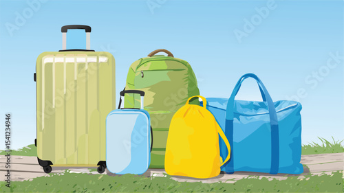 Assortment of luggage including a rolling suitcase a backpack and a duffel bag sitting on a sidewalk
