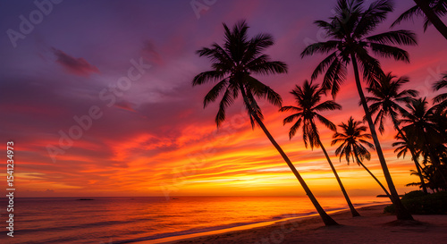 Spectacular Sunset Over a Tropical Beach with Palm Trees Silhouette