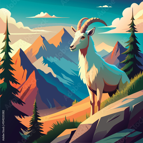 Majestic mountain goat in alpine landscape.