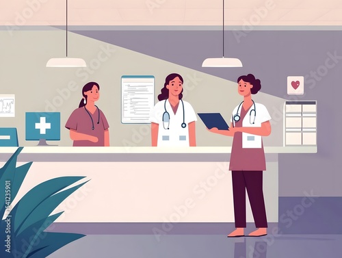 Nurse giving warm support to patient at clinic reception, clean and calm medical setting.