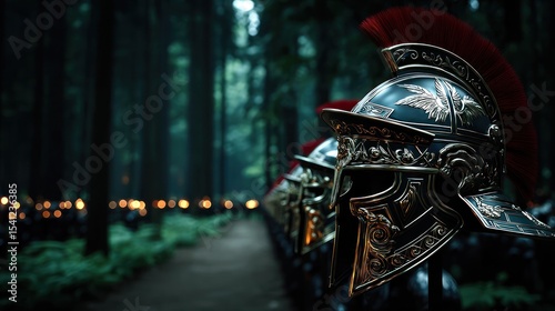 Roman helmet in a forest.  Dark, historical