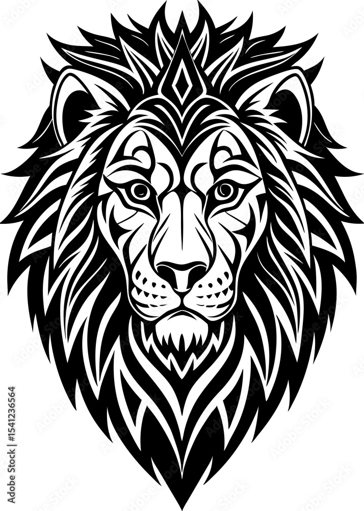Obraz premium Lion's Regal Gaze: A majestic black and white lion illustration with intricately detailed features. The regal animal is depicted in a captivating portrait.