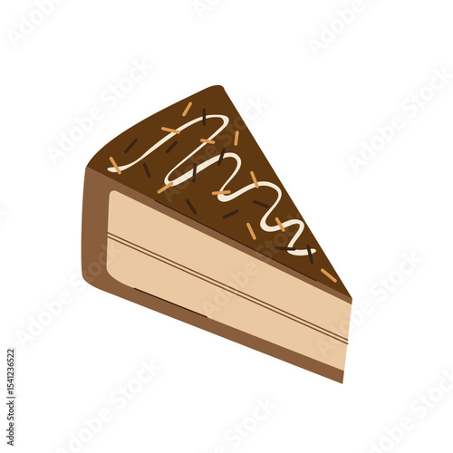 Chocolate cake slice. Birthday dessert. Holiday cake piece with cream illustration. Flat sweet vector clip art isolated on white. 