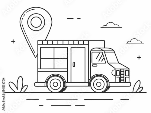 Elegant Simple Line Icon Of A Delivery Truck With Locatio Symbol