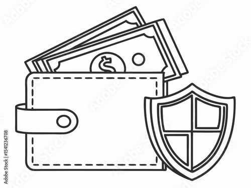 Elegant Simple Line Icon Of A Wallet With Cash And A Shiel Vector