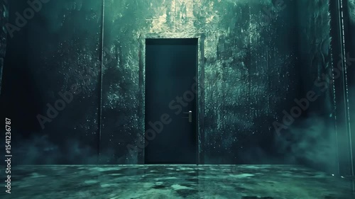 Dark, eerie corridor with a closed door; damp walls, smoky atmosphere, mysterious