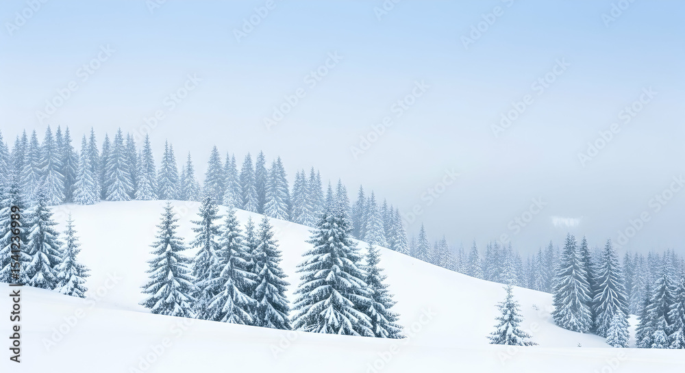 Fototapeta premium Winter, Snow, Trees, Snow Covered Fir Trees on a Winter Hill