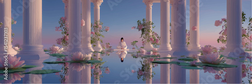 Vector illustration of young woman sits in lotus pose, banner.