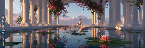 Vector illustration of young woman sits in lotus pose, banner.