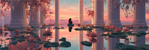 Vector illustration of young woman sits in lotus pose, banner.