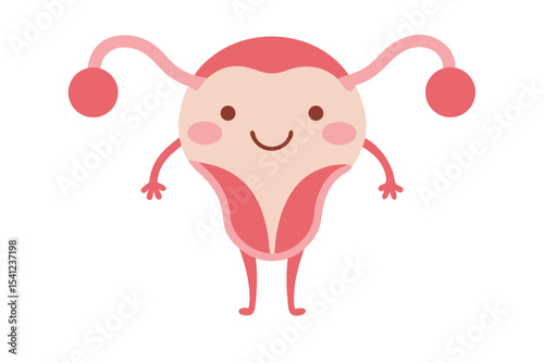 Cartoon Uterus Illustration Smiling, Pink, with Fallopian Tubes and Legs on White Background