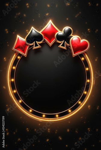 A luxurious casino-themed poster featuring a glossy black circular plaque with golden edges, centered against a dark background
