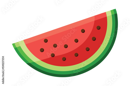 Cartoon Watermelon Slice with Seeds, Red Flesh, and Green Rind on White Background