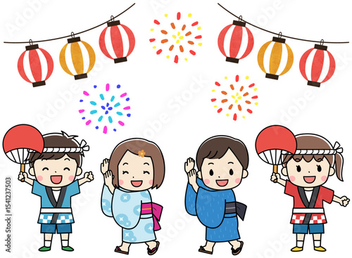 夏祭りを楽しむ浴衣と法被を着た子供たちのイラスト
