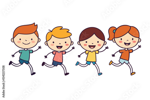 Cheerful Cartoon Children Running and Smiling Together on White Background in Playful Illustration
