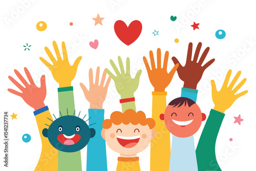 Cheerful Diverse Hands Raised with Happy Children Illustration, Colorful Hearts and Stars Decoration on White