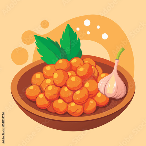 Orange food balls in a bowl with garlic.