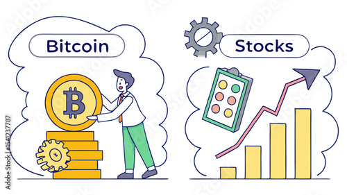 Illustration showing bitcoin and stocks with a man placing a bitcoin on a stack and a rising stock chart