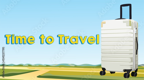 White suitcase with black handle and wheels on a landscape background with time to travel text art