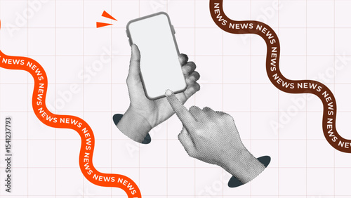 halftone collage, human hand holding smartphone and touching blank screen, and kinetic text of news, media concept