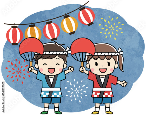 夏祭りを楽しむ法被をきた子供たちのイラスト