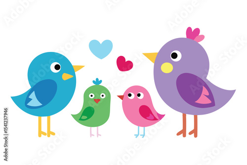 Colorful Bird Family Illustration with Hearts, Cute Cartoon Birds, Springtime Theme Design Element