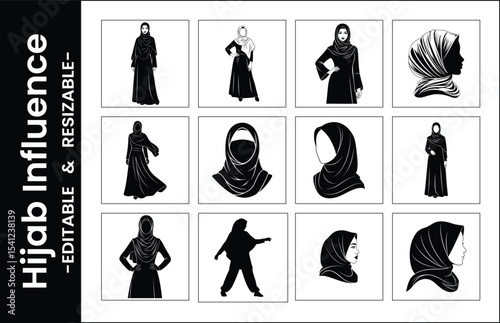 Hijab Fashion Collection Black And White Editable Vector Illustrations For Diverse Cultural Representation