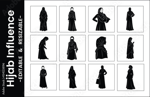 Silhouette Collection Of Muslim Women Wearing Hijab In Different Styles Editable And Resizable Graphics