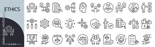 Ethics related icon collections. Containing integrity, honesty, values, trust, responsibility, fairness, compliance, morals, principles, accountability icons. Outline icons.