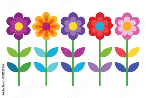 Colorful Cartoon Flowers with Simple Geometric Shapes on White Background Illustration