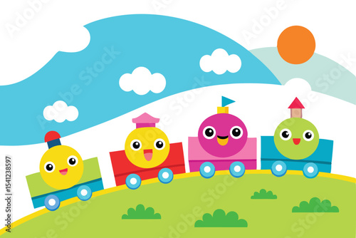 Colorful Cartoon Toy Train with Smiling Faces on Green Hills under Blue Sky