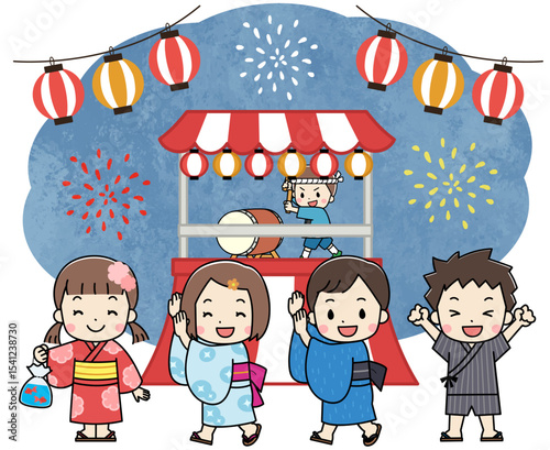 夏祭りで縁日を楽しむ浴衣を着た子供たちのイラスト