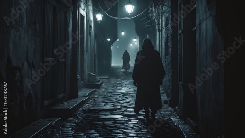 A shadowy figure explores a misty, dark cobblestone alley under vintage streetlights at night.