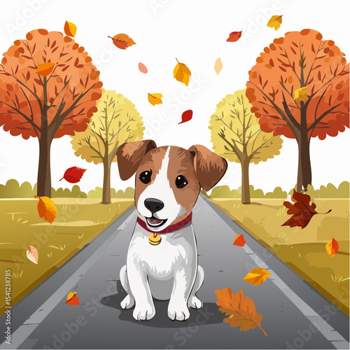 jack russel puppy on autumn alley
