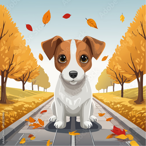jack russel puppy on autumn alley